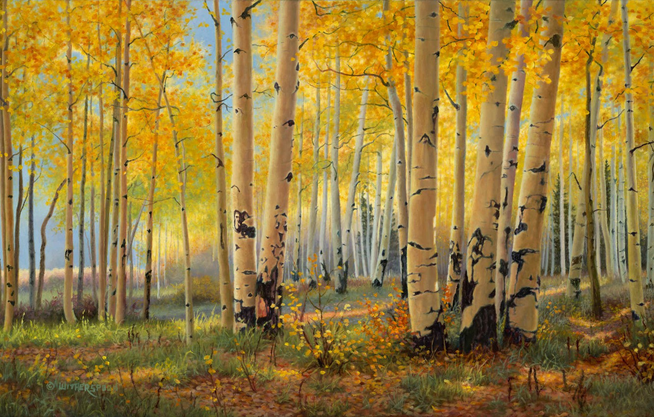 Wallpaper Autumn Forest Birch Painting Art Grove Golden