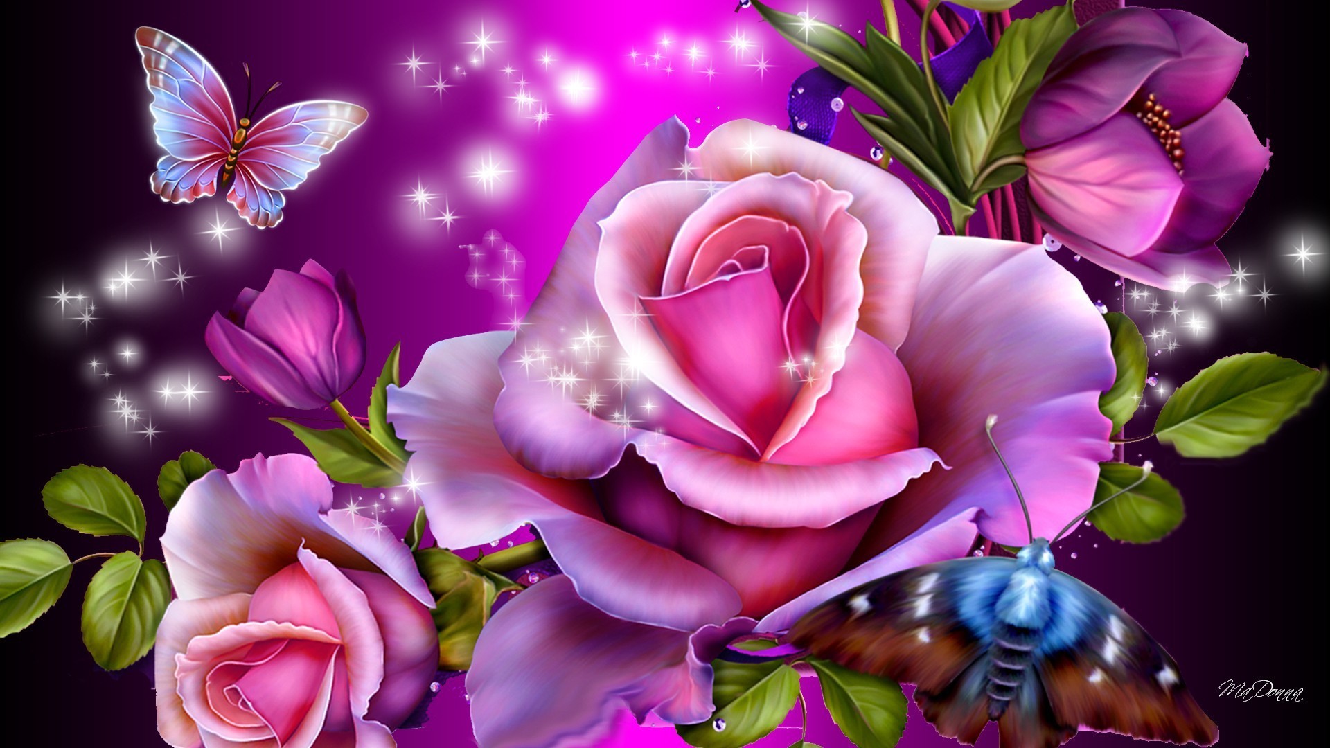 A vibrant illustration of a bouquet of pink roses with purple accents, a purple tulip, two butterflies, green leaves, water droplets, and sparkling lights on a dark purple background