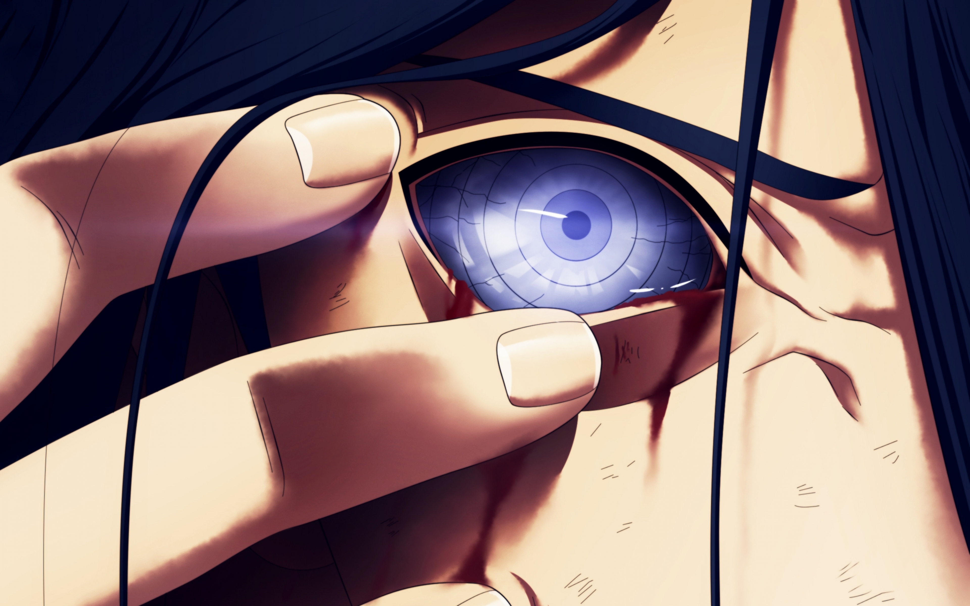 Close-up of a Naruto character's Tenseigan eye, with fingers pulling it open, blood dripping down