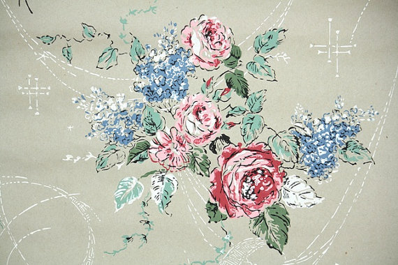 1930s Vintage Wallpaper Kraft Paper Floral With Pink Roses