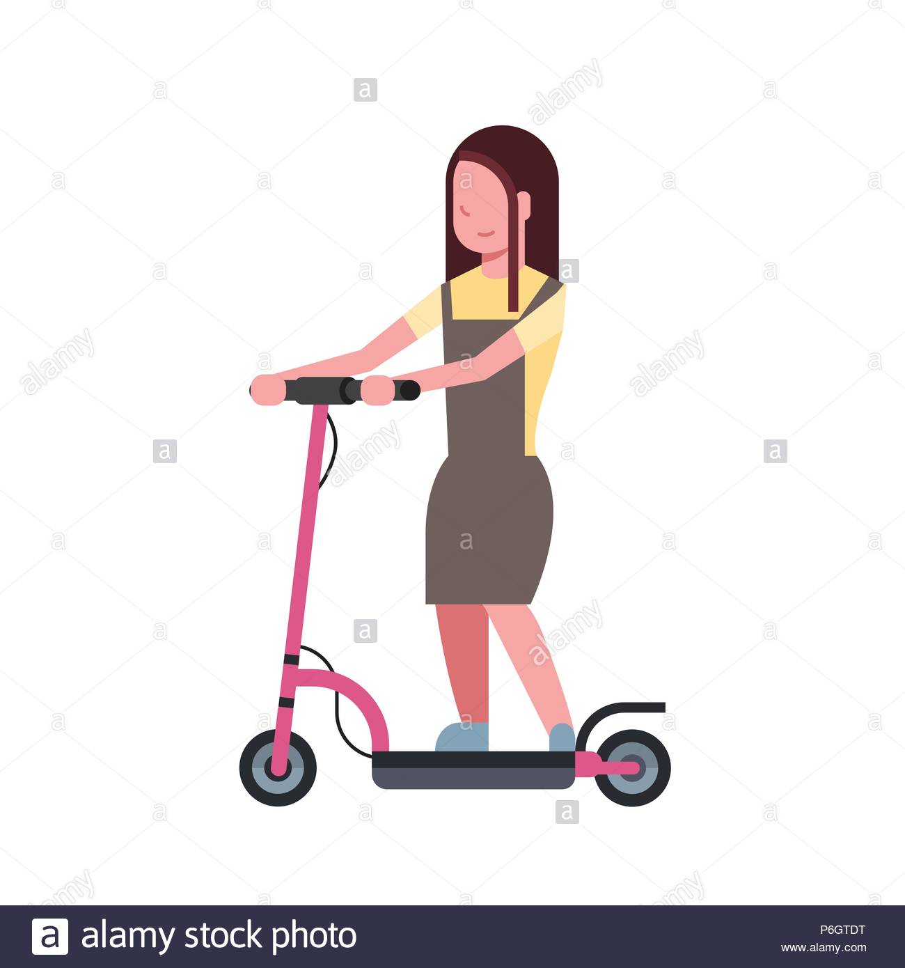 Girl Riding Electric Kick Scooter Over White Background Cartoon