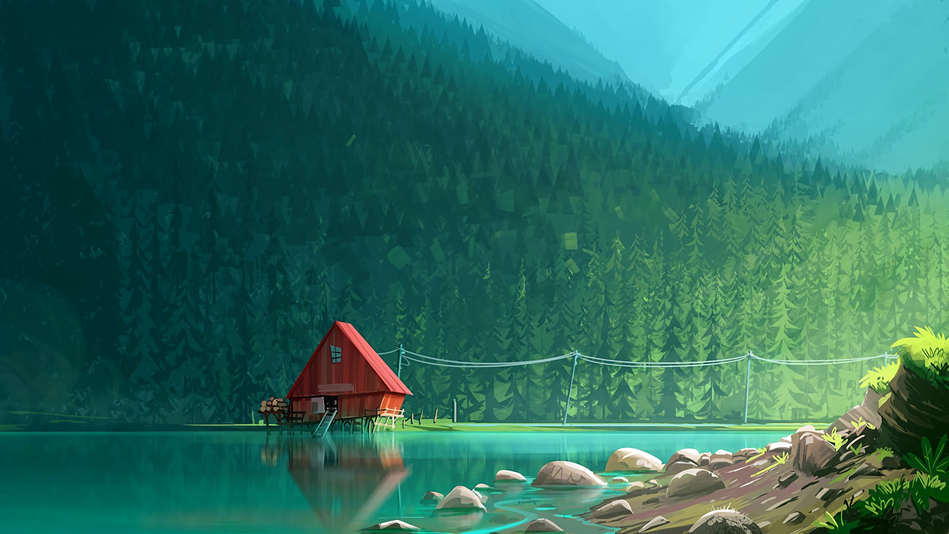 Lake Cabin Forest Digital Art 4K Wallpaper 21