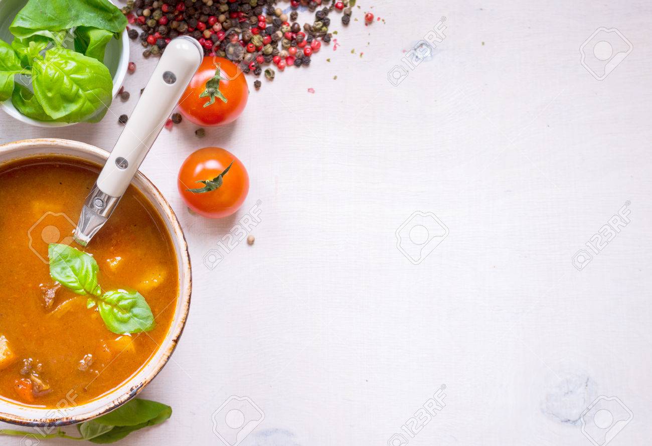 Tomato Soup With Meat On A White Rustic Wooden Table Fresh