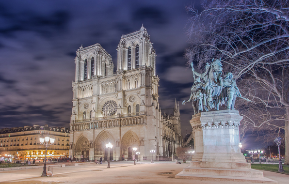 France Notre Dame Cathedral Square Houses Lights Night Wallpaper