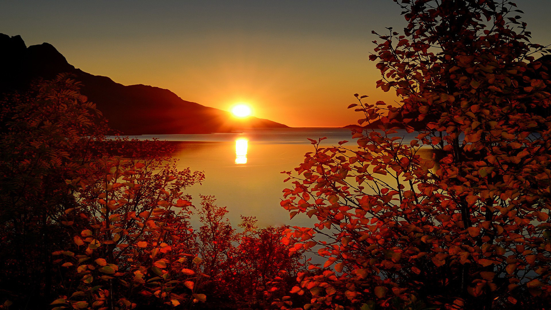 Mountains Lake Trees Leaves Sun Sunset Reflection Wallpaper Background