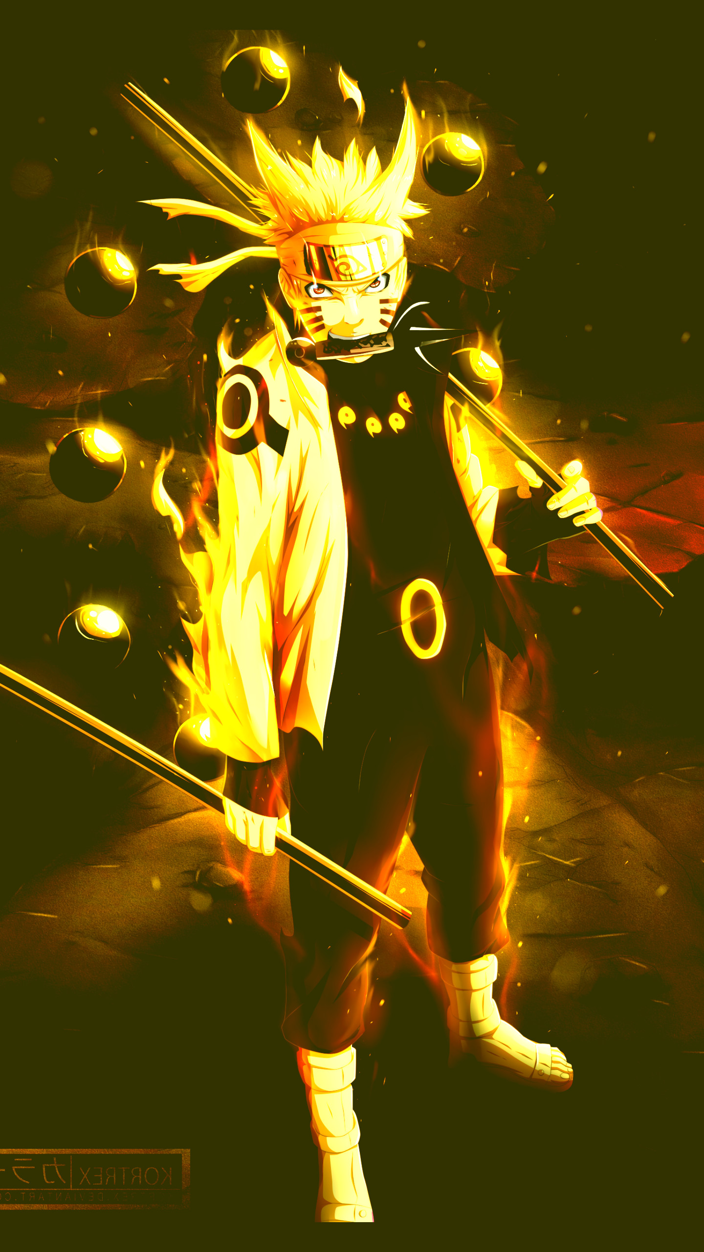 Naruto Uzumaki in Six Paths Sage Mode, glowing with golden energy, wielding black rods, surrounded by Truth-Seeking Balls, from the anime Naruto Shippuden