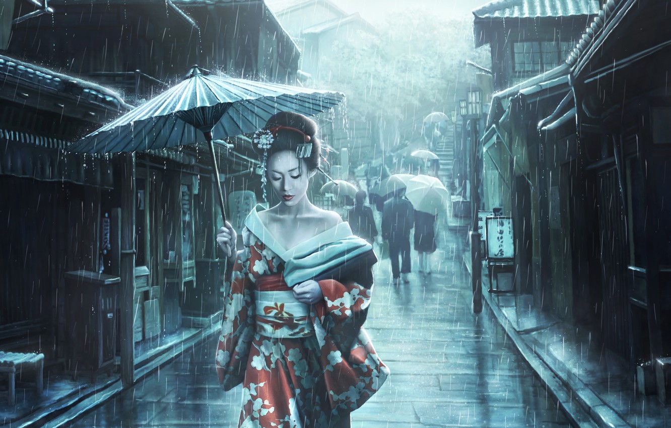 Wallpaper Girl Japan Street Rain Asian Umbrella