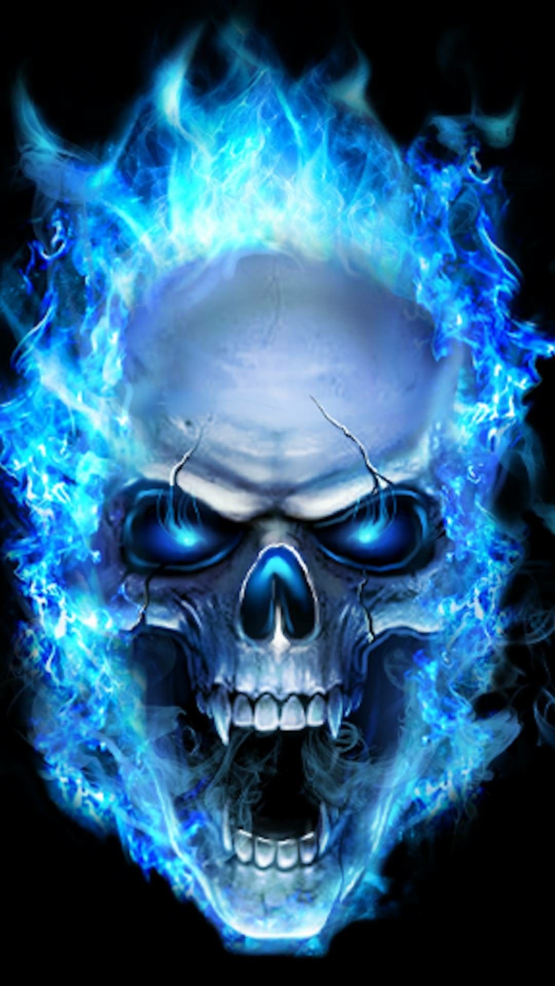 A fiery blue skull with glowing eyes set against a black background. This striking image evokes themes of power, mystery, and the supernatural