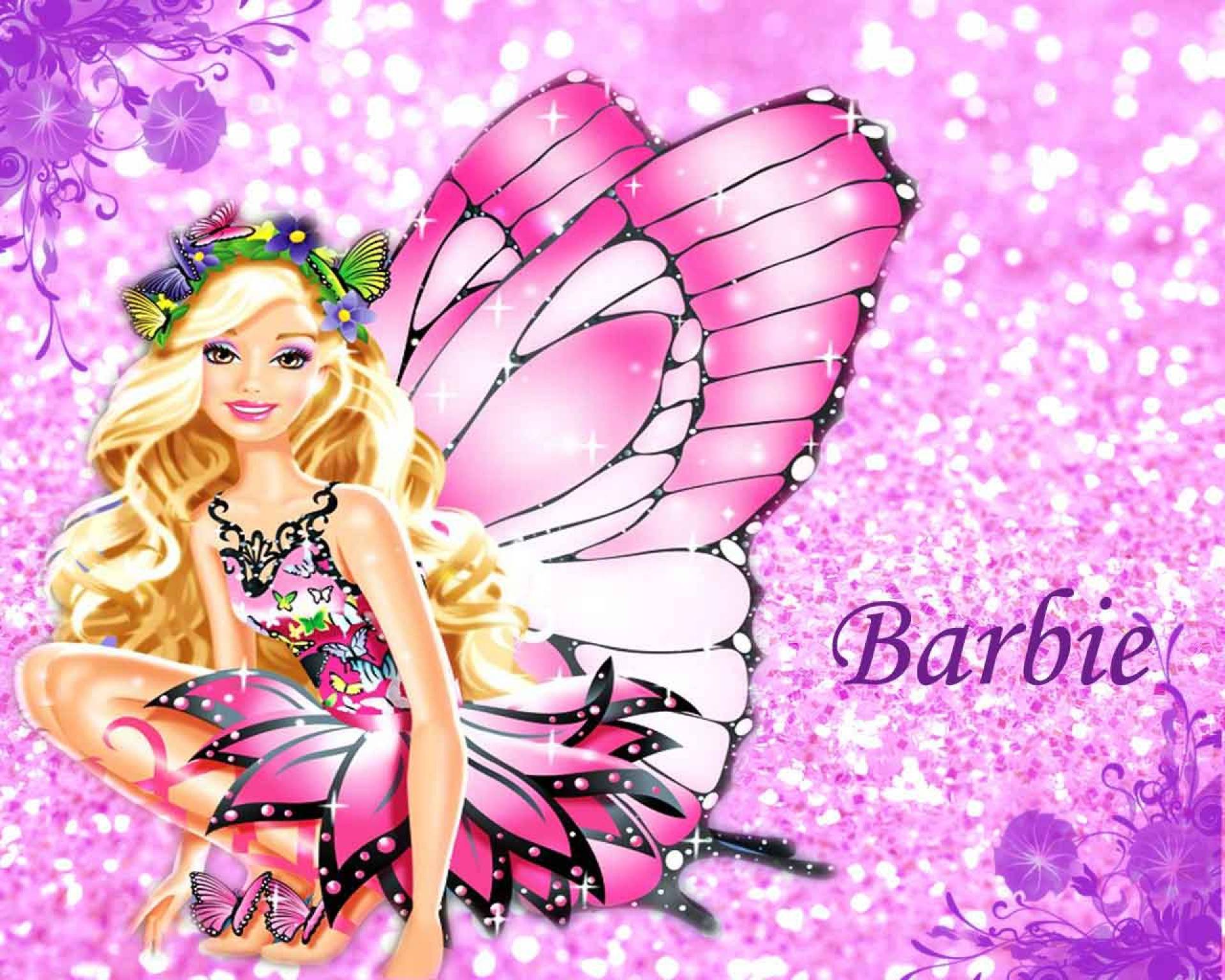 Barbie as a fairy with pink butterfly wings, on a sparkly background
