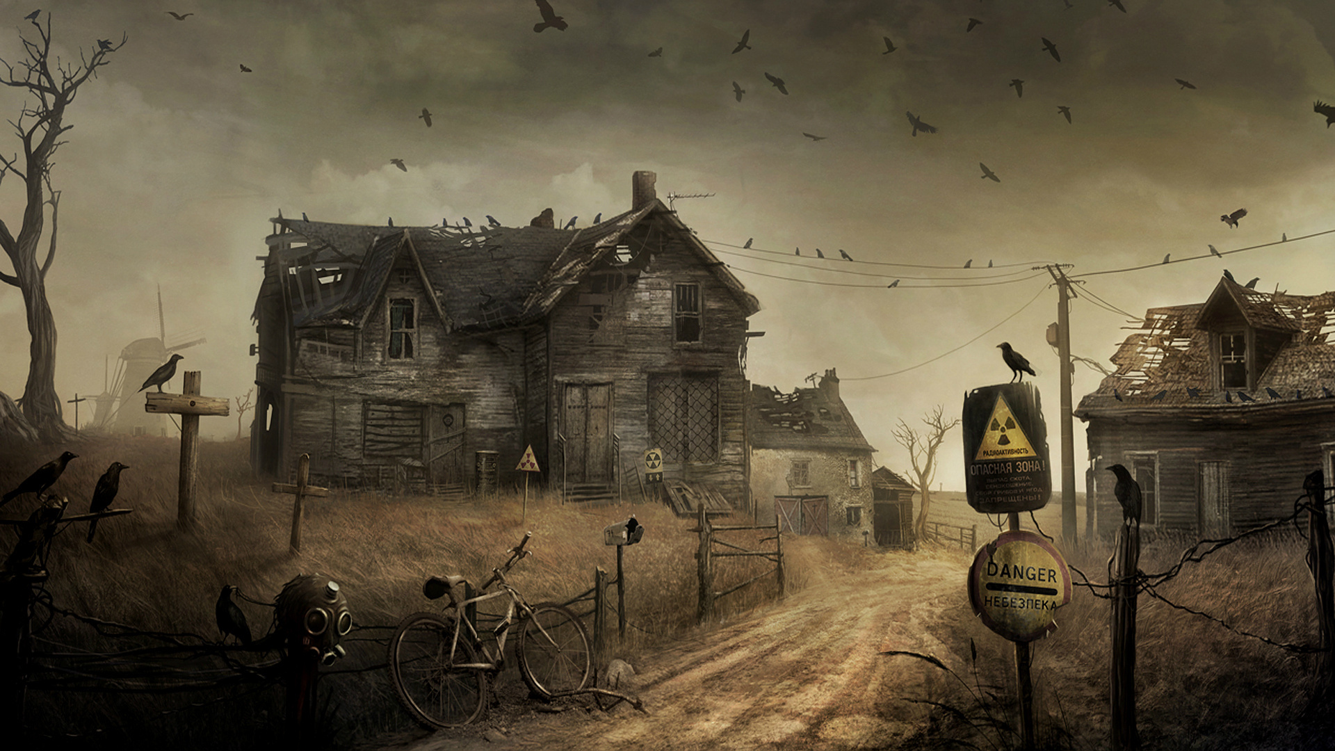Crows Ravens Bicycle Houses Haunted Destruction Wallpaper Background