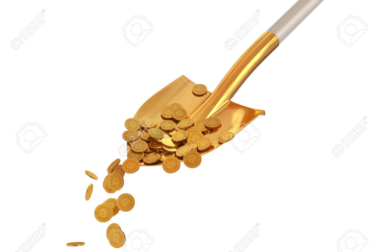 Bitcoin Gold Coins In A Golden Shovel On Isolated Background