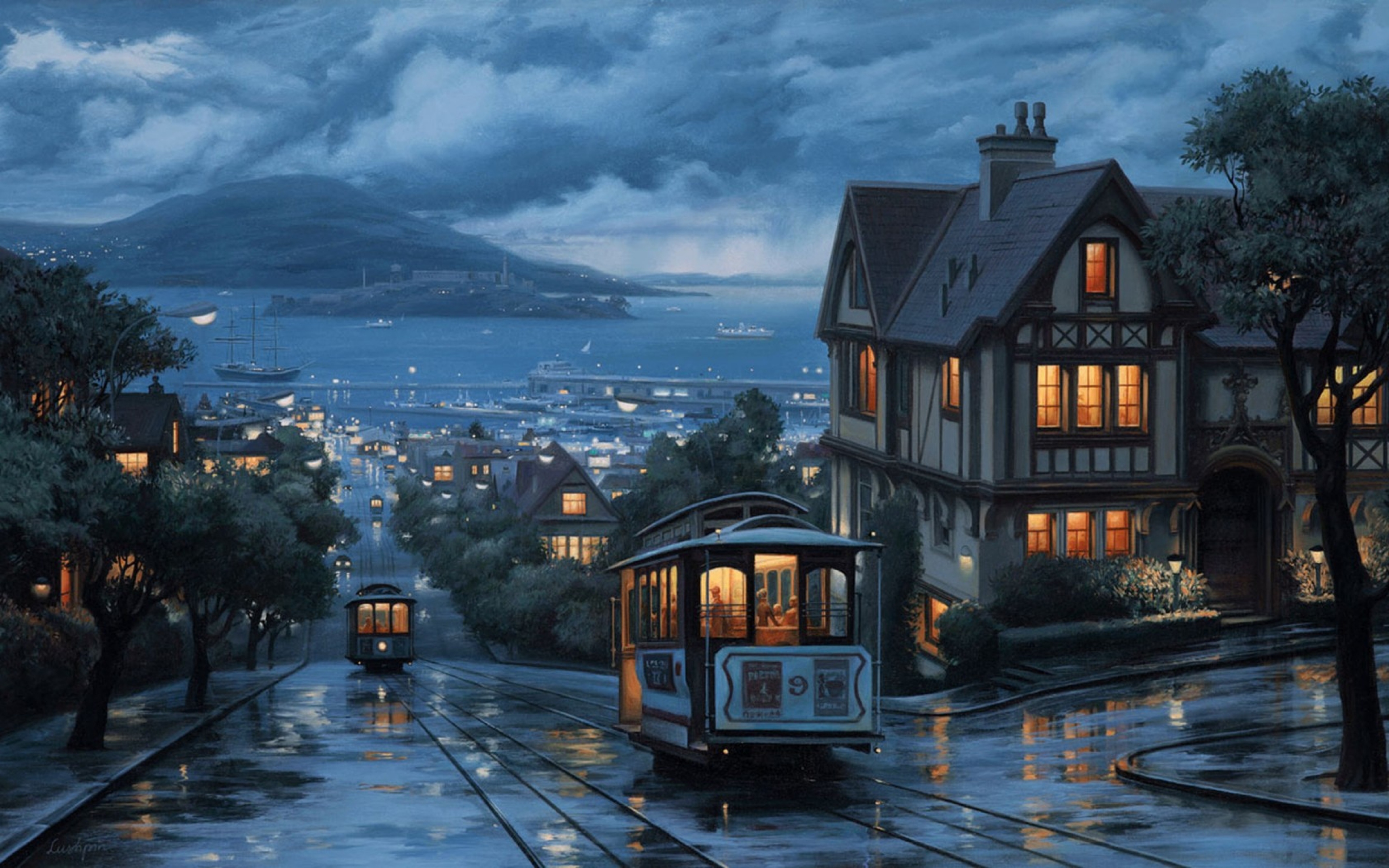 Rain Bus Boat San Francisco California Usa Wallpaper Background
