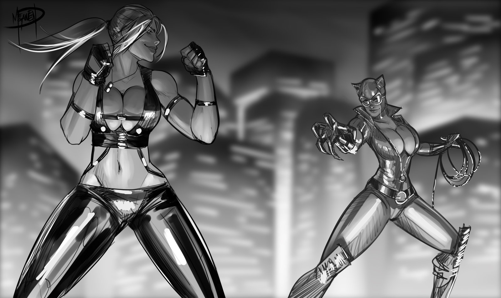 Sonya Blade vs Catwoman by megaween 1600x953