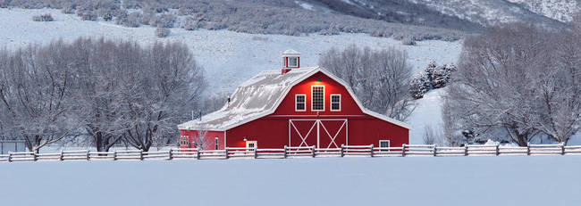 Panorama Of Idyllic Red Barn In A Wintery Ranch Scene