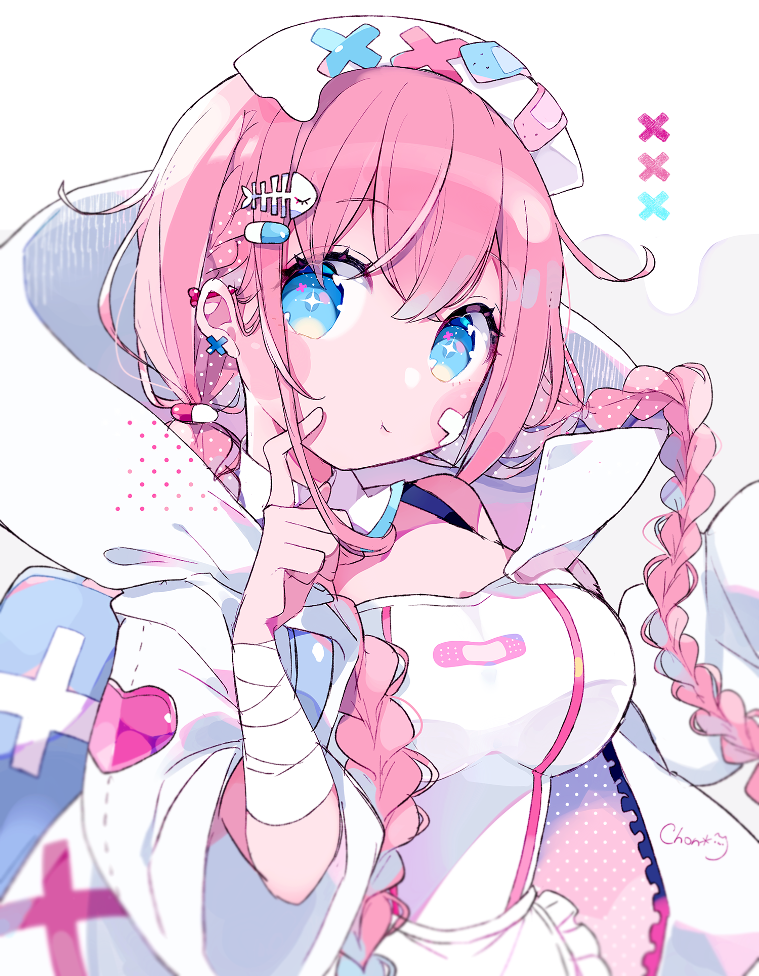 1198395 pink hair vertical digital art blue eyes nurse outfit