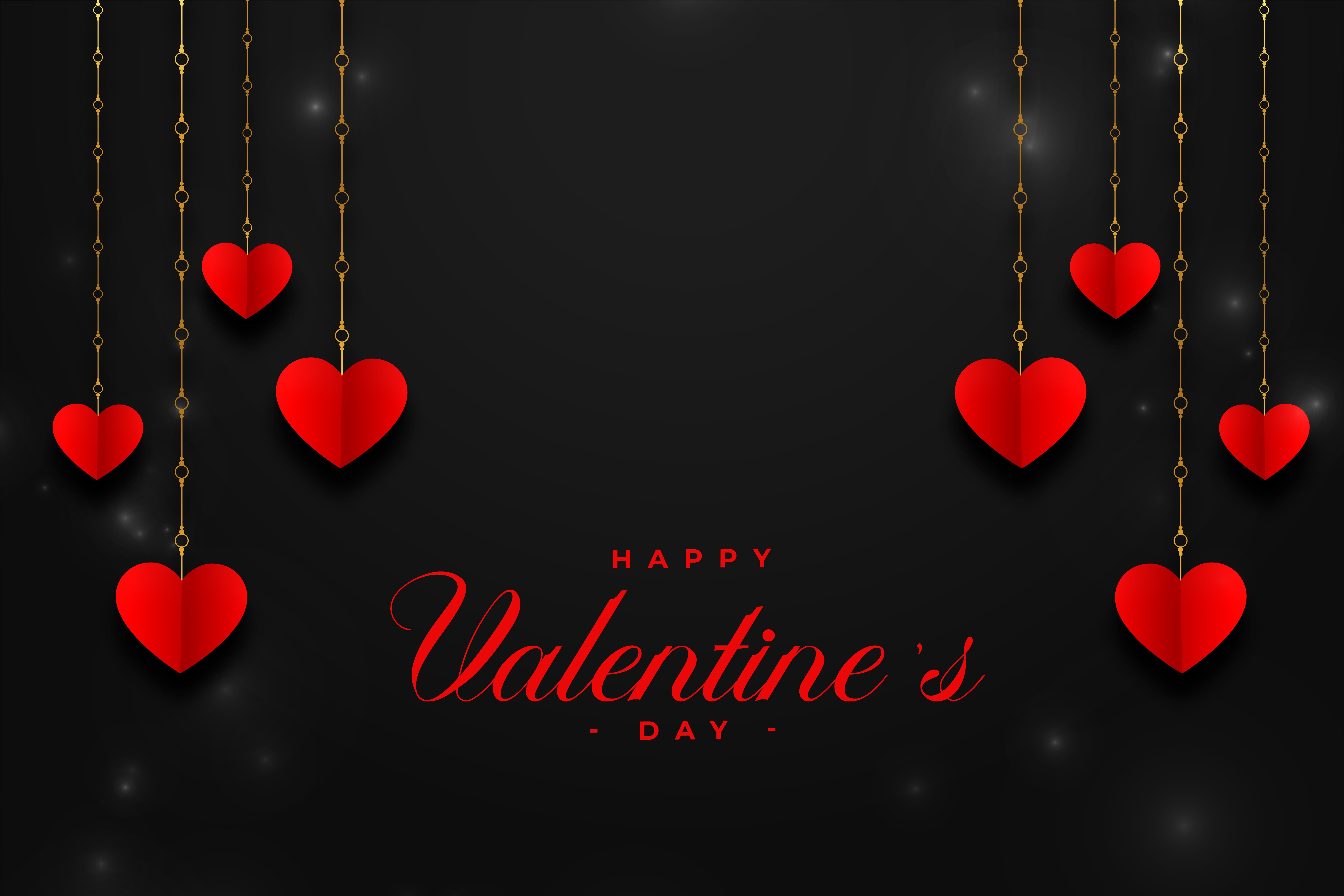 Happy Valentine's Day greeting with red hearts hanging on golden chains against a dark background