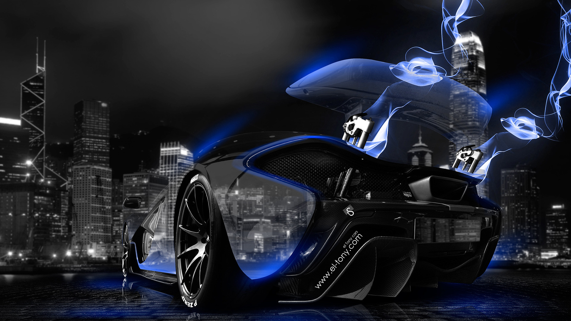 A black McLaren P1 supercar with glowing neon blue accents, parked against a backdrop of a Hong Kong cityscape at night