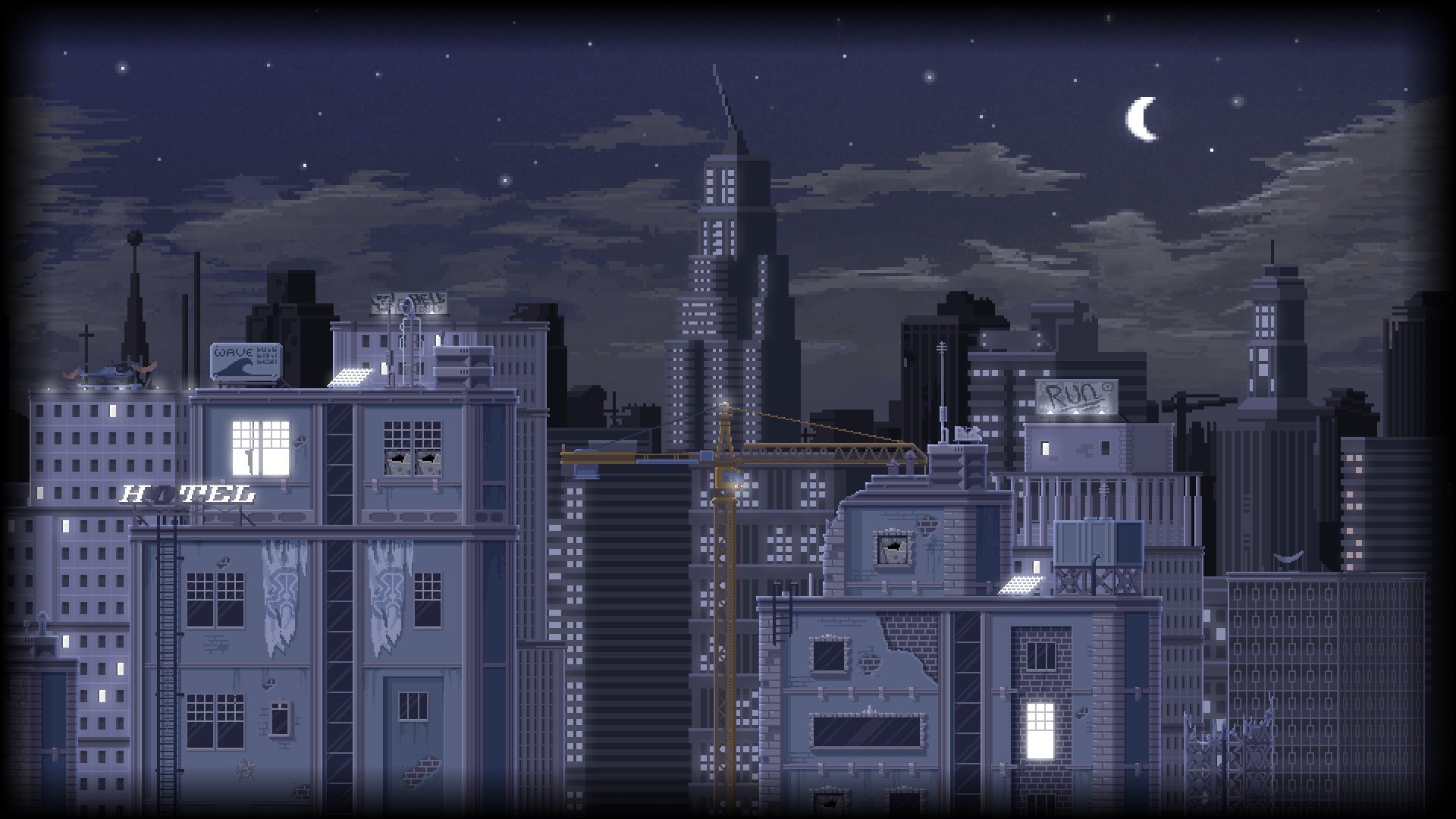 Pixel art cityscape at night with a crescent moon, evoking a cyberpunk aesthetic
