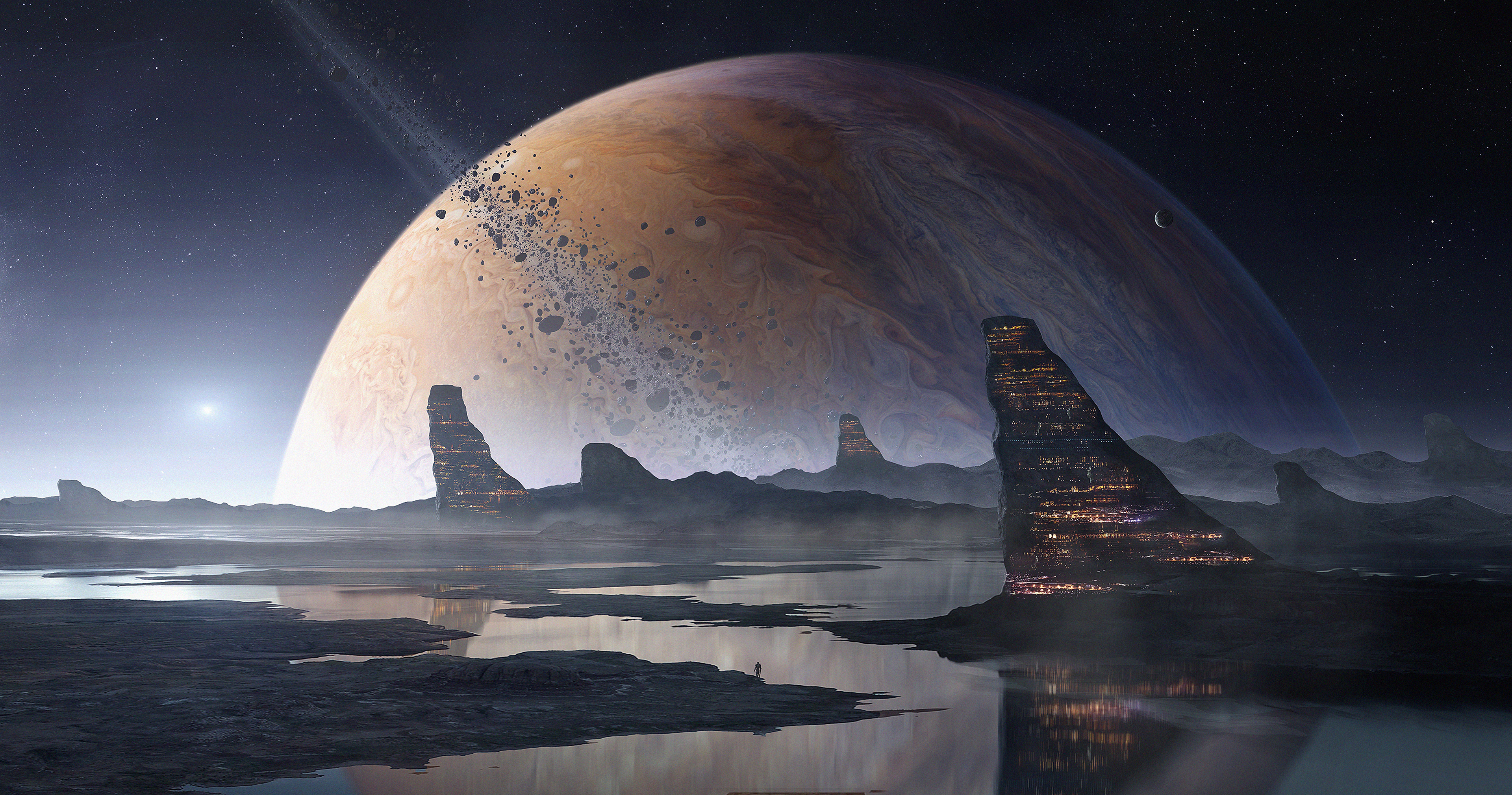 A breathtaking view of a large, Jupiter-like planet dominating the sky over a serene, alien landscape. Rocky formations jut out from a shallow body of water, reflecting the planet's swirling colors and the faint light from a distant star. One of the formations appears to be a towering, illuminated structure, suggesting a futuristic cityscape built into the rock