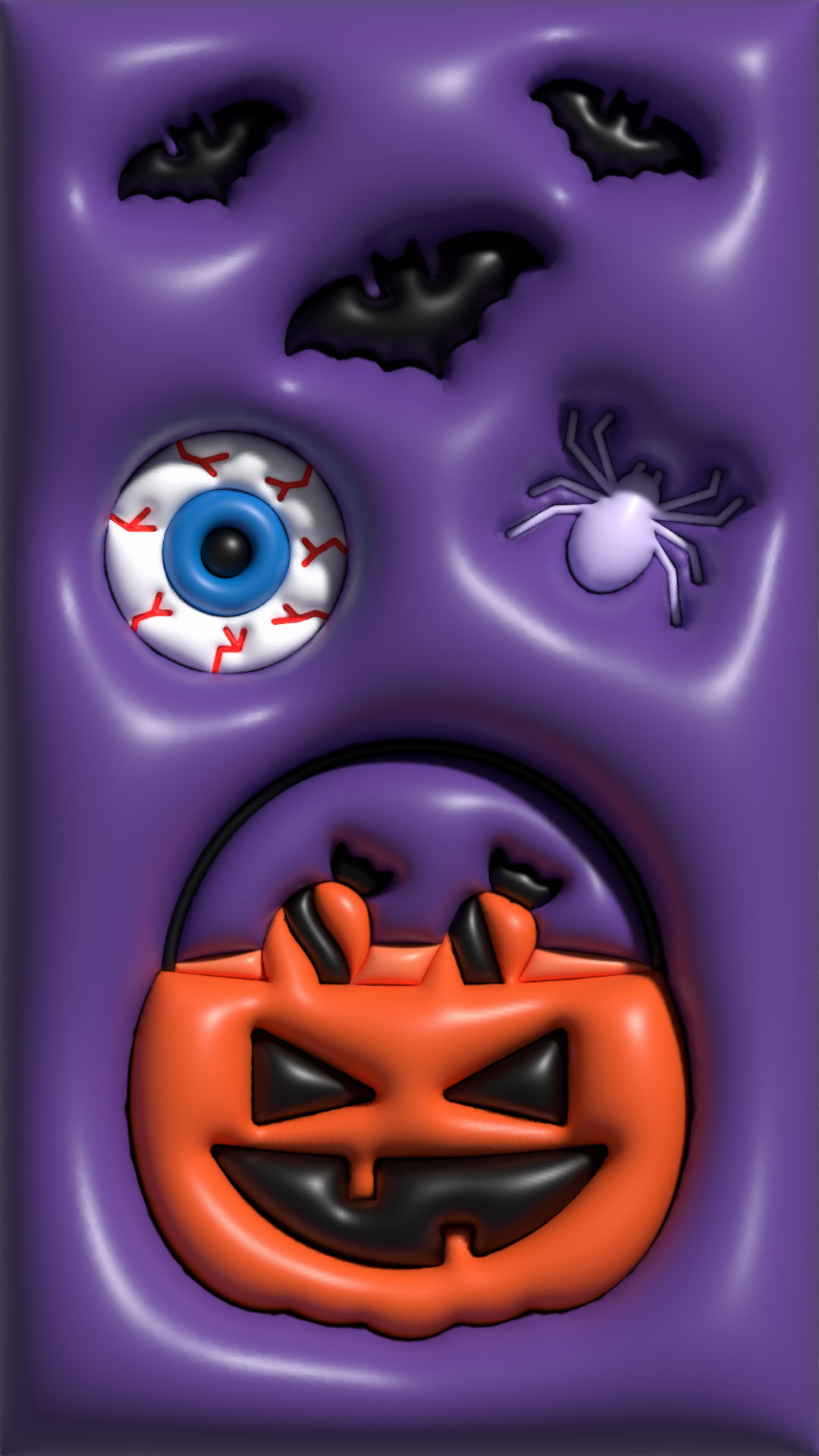 3D Halloween design with pumpkin, bats, spider, and eyeball on purple background