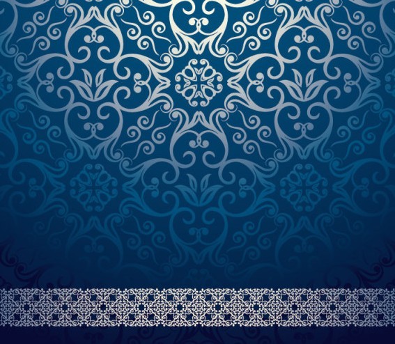 Vector Vintage Blue Glossy Floral Swirls Background With White
