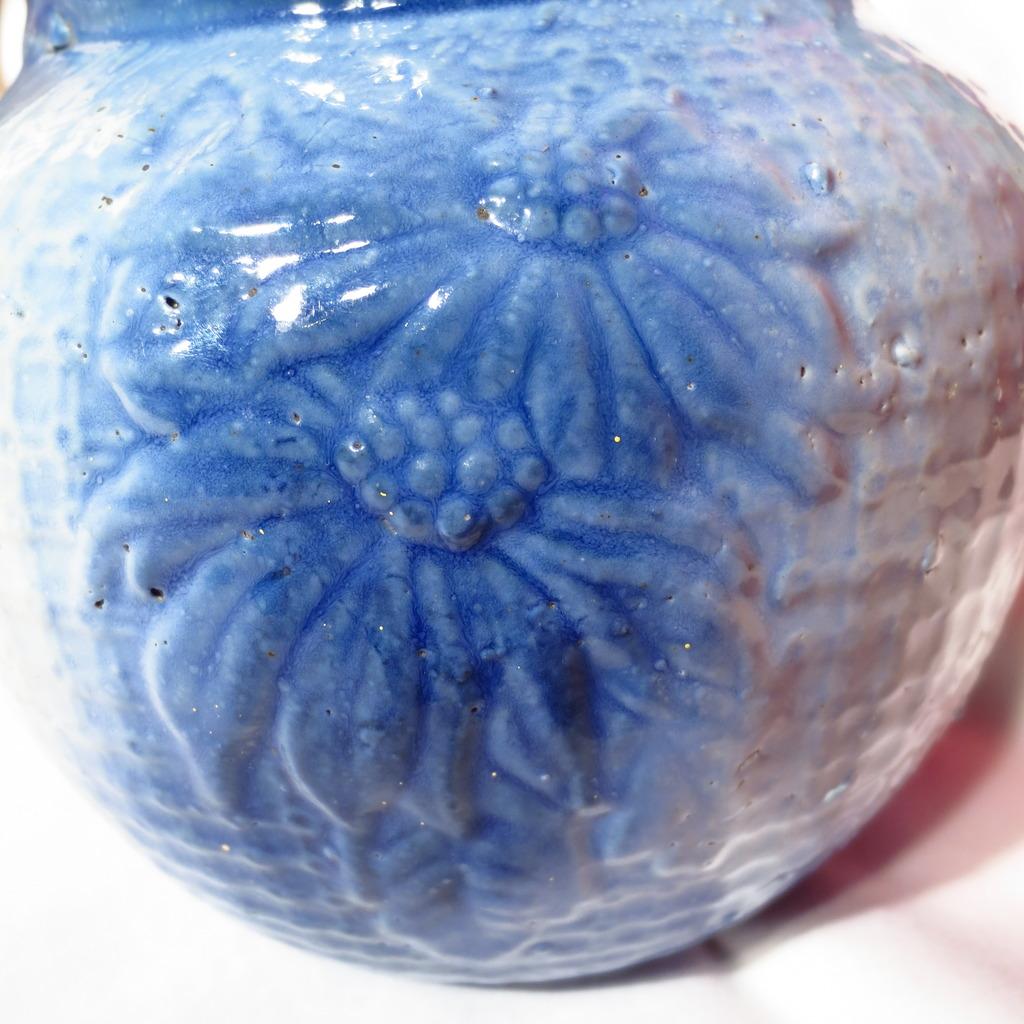 Vintage Poinsettia Blue And White Salt Glazed Stoneware Pitcher From