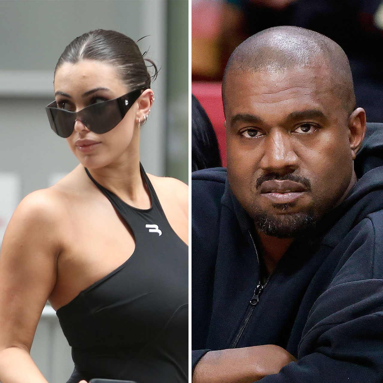 Side-by-side images of Bianca Censori and Kanye West