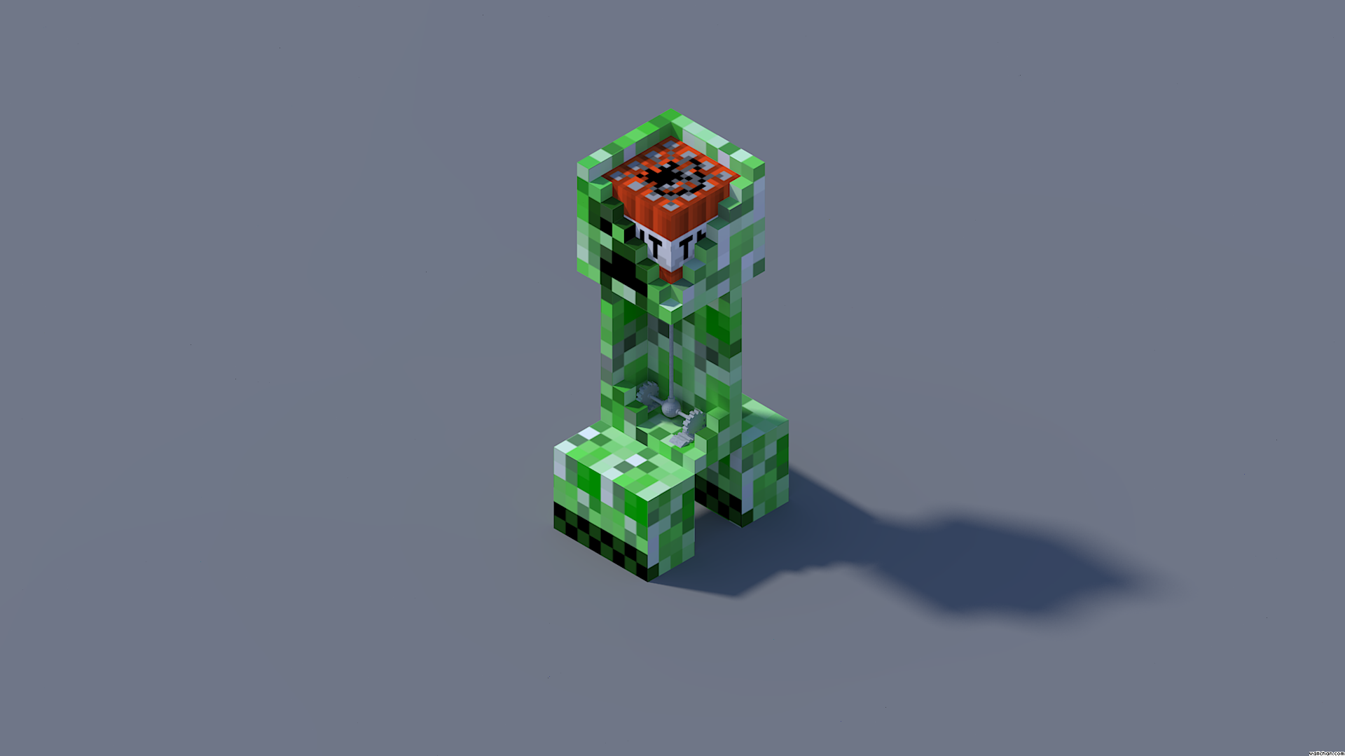 A humorous Minecraft wallpaper featuring a Creeper with a TNT block inside its head