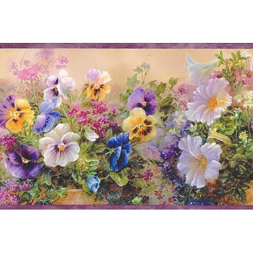Fancy Garden Purple Pansy Petunia Wallpaper Border