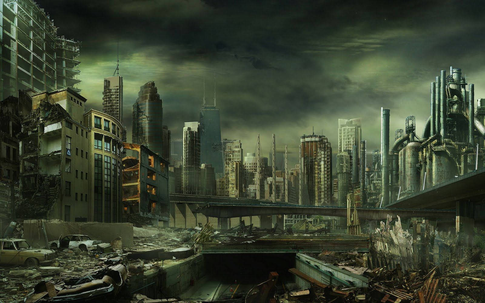 Dystopian cyberpunk city in ruins, featuring decaying buildings, abandoned vehicles, and industrial structures under a dark, polluted sky