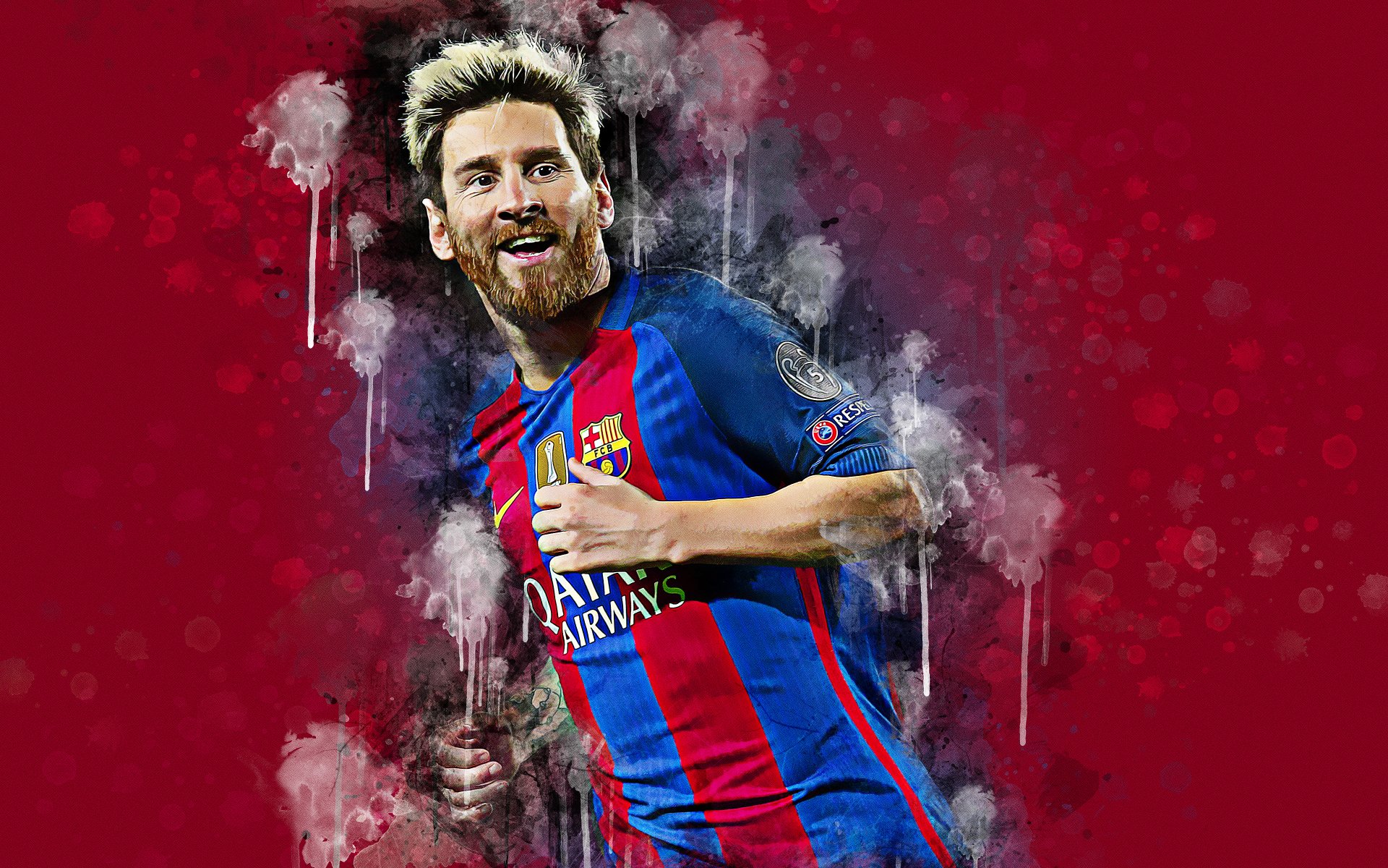 Lionel Messi, the iconic Barcelona forward, in action during a football match. He is seen wearing the team's signature blue and red jersey, with the Qatar Airways sponsor logo displayed prominently. Messi's dynamic pose and focused expression capture the essence of his playing style