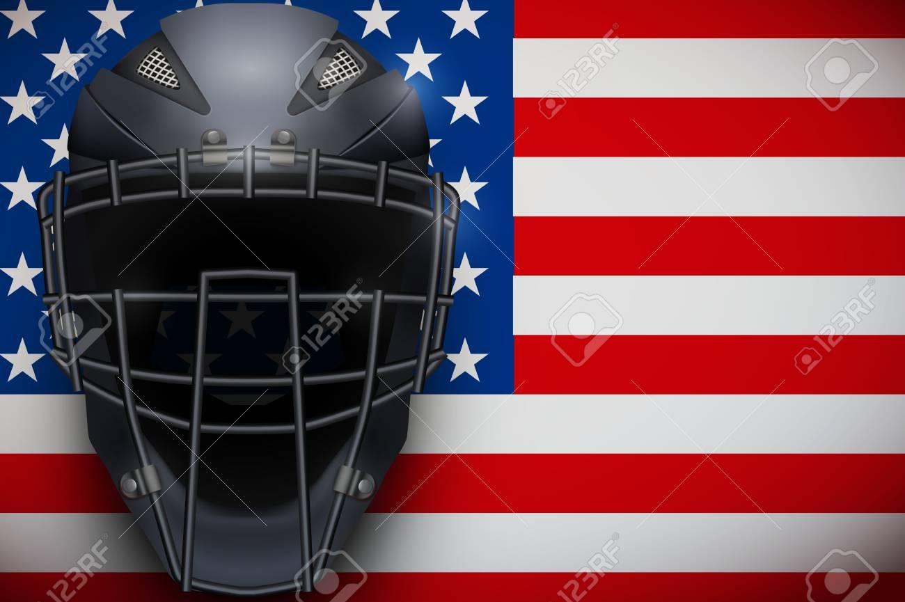Poster Of Catcher Mask Helmet On American Flag Backgound Baseball
