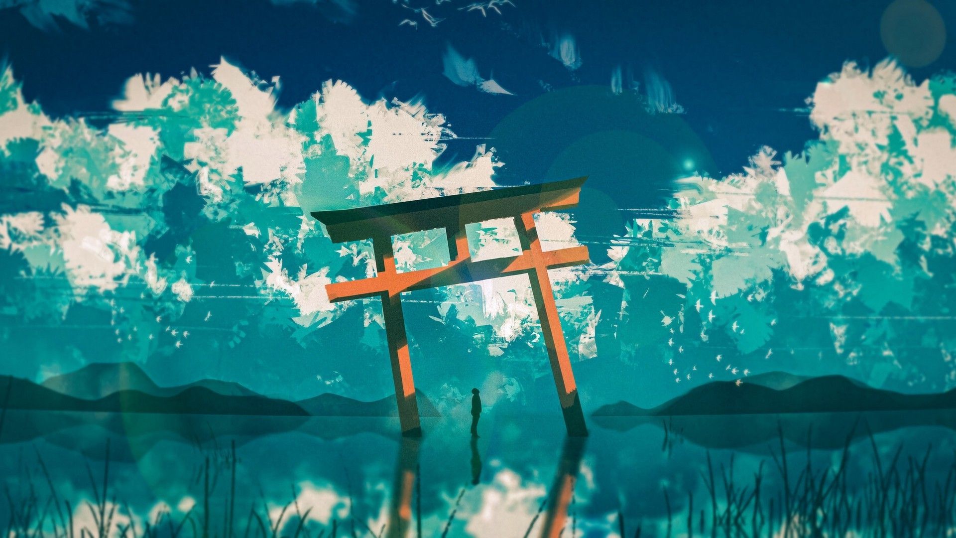 A serene 4k wallpaper featuring a traditional Japanese torii gate partially submerged in a tranquil lake, with a lone figure standing beneath it. The backdrop is a breathtaking blend of teal-colored sky, stylized clouds, and distant mountains