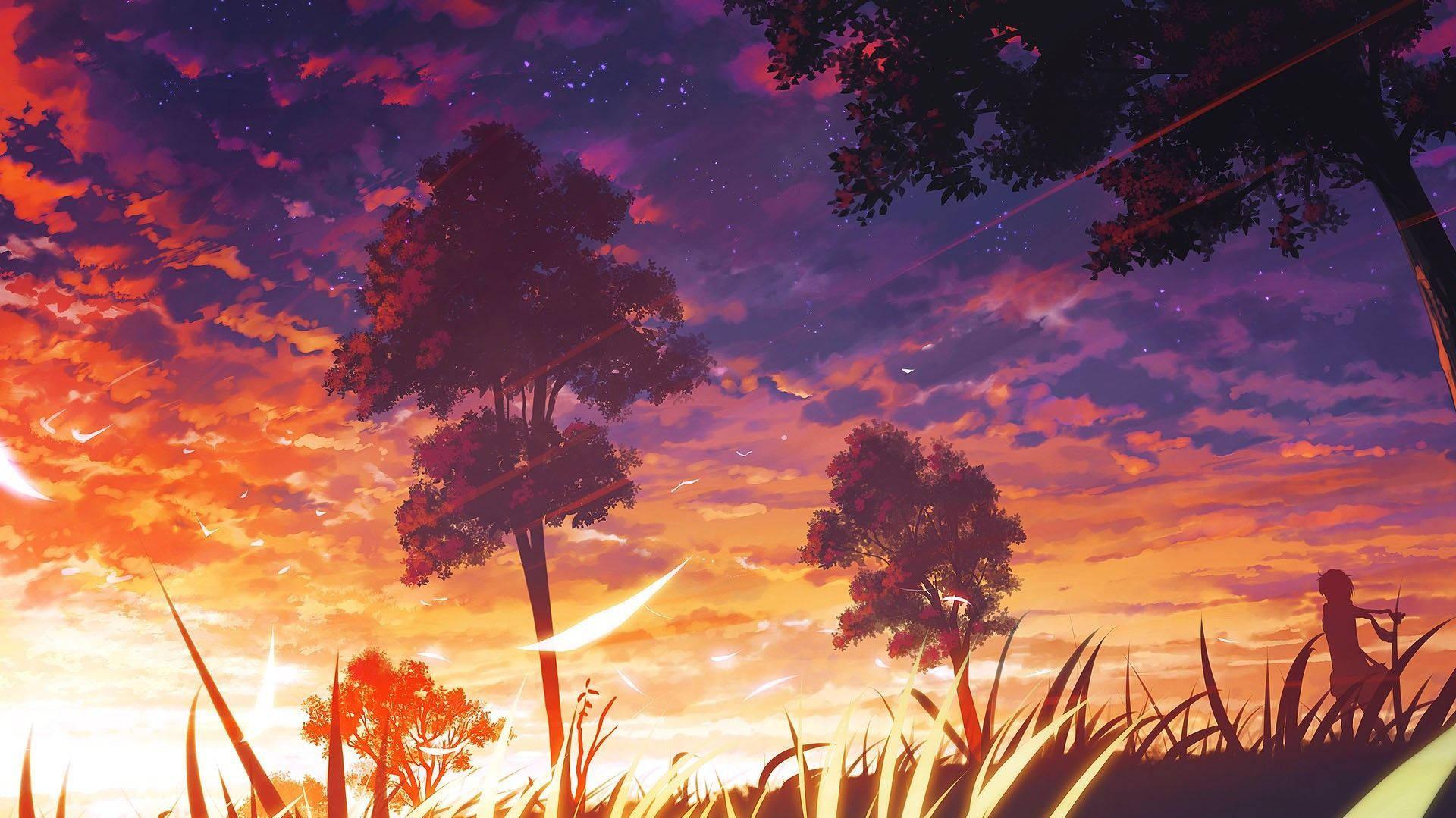 Illuminated Sunset Aesthetic Anime Scenery Wallpaper