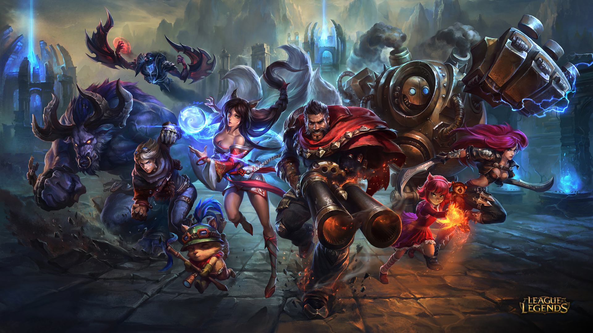 League of Legends champions artwork, featuring Alistar, Ahri, Graves, Blitzcrank, Vi, Annie, and Teemo