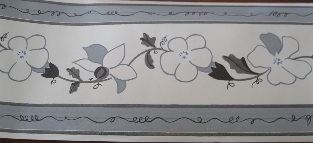Black Gray Grey Flower Vine Cream Vinyl Wallpaper Border 5 Decor 1000x458