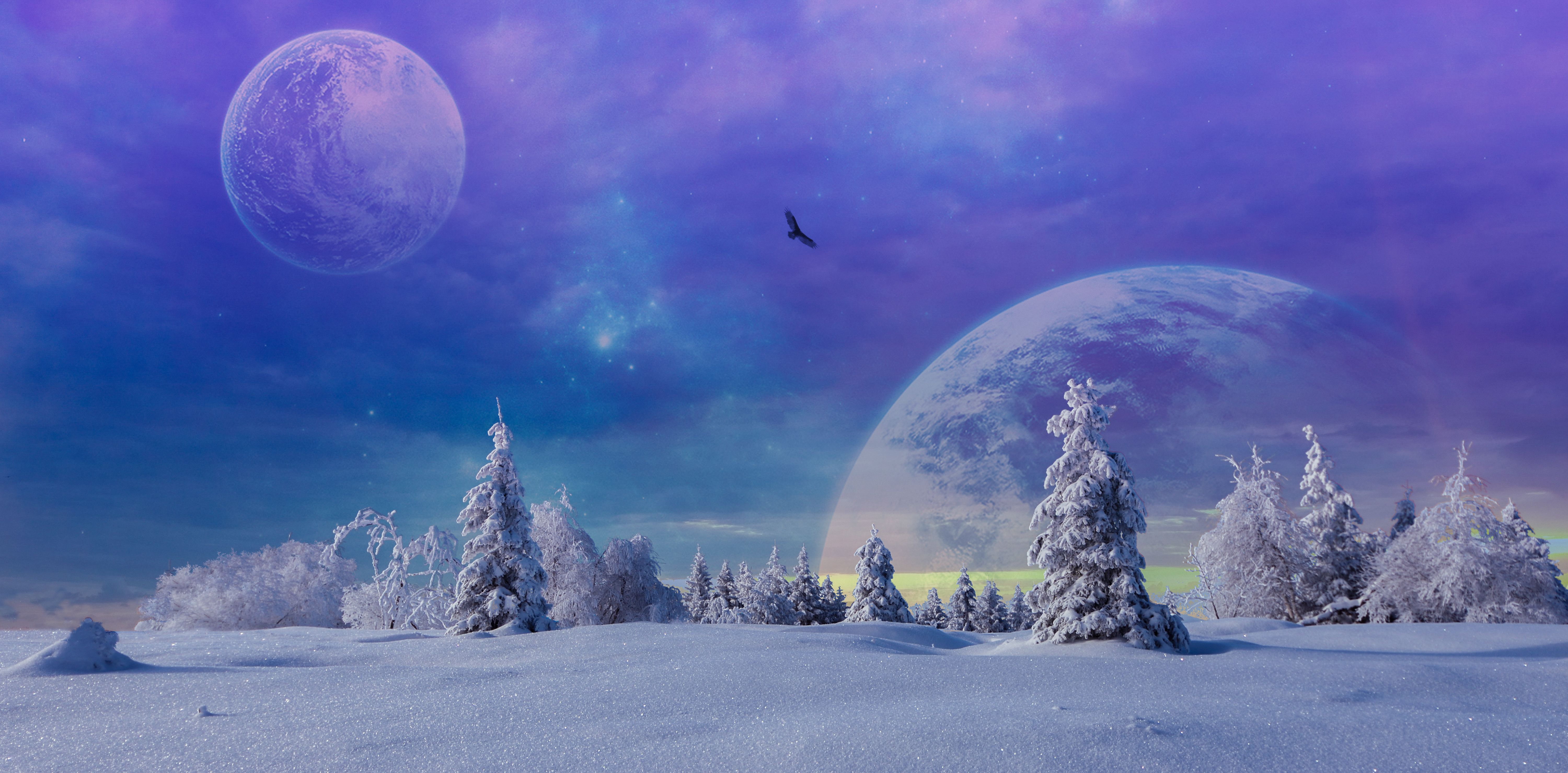 A breathtaking 4k winter wallpaper featuring a snow-covered landscape under a vibrant purple sky with two large, ethereal moons. A lone bird soars between the moons, adding a touch of magic to the scene