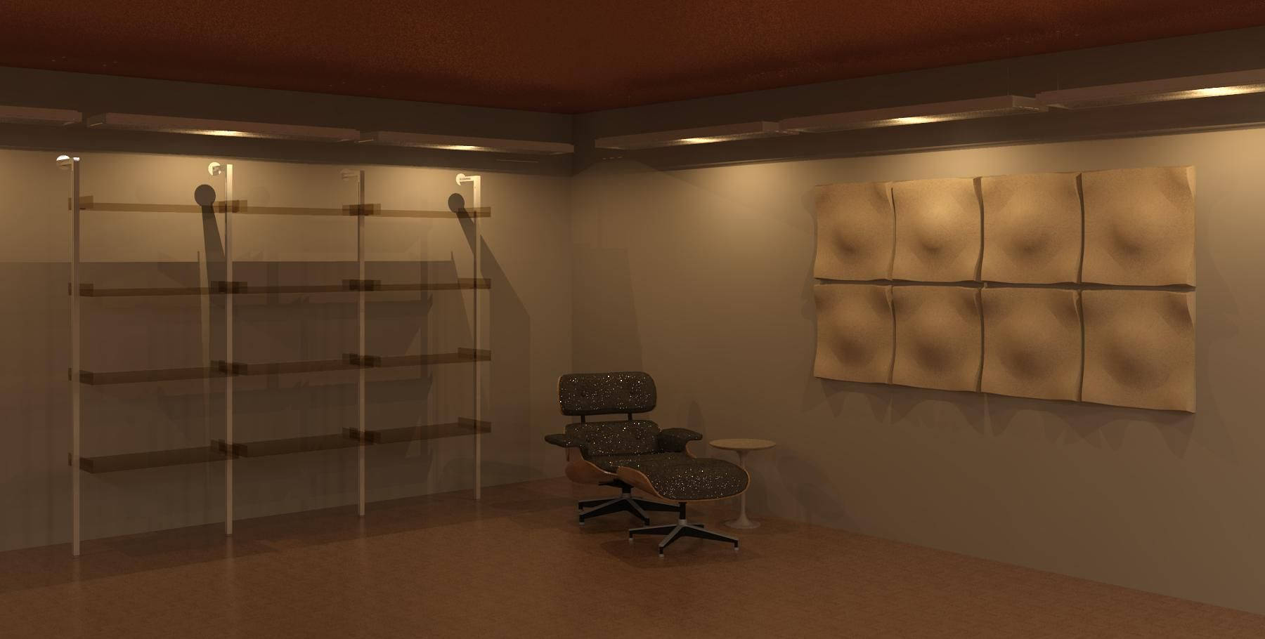 Modern minimalist room with a shelf, Eames chair, and ottoman, featuring unique wall art and warm lighting
