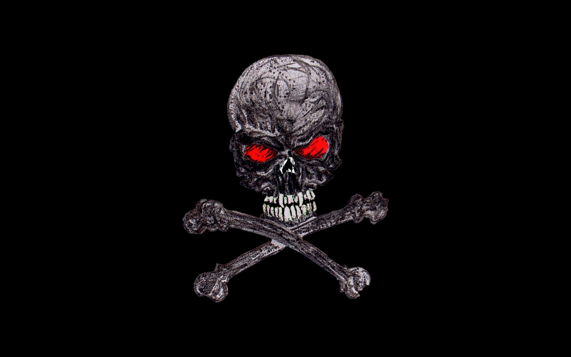 A menacing skull with glowing red eyes and crossbones on a black background