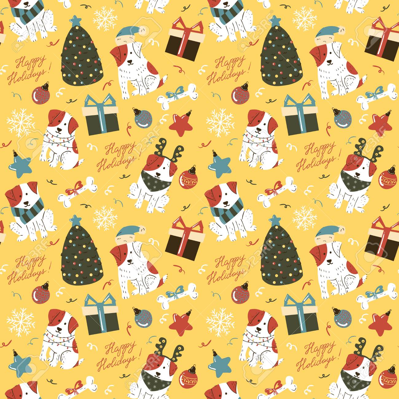 Christmas Cute White Dogs With Brown Spots Seamless Pattern Funny