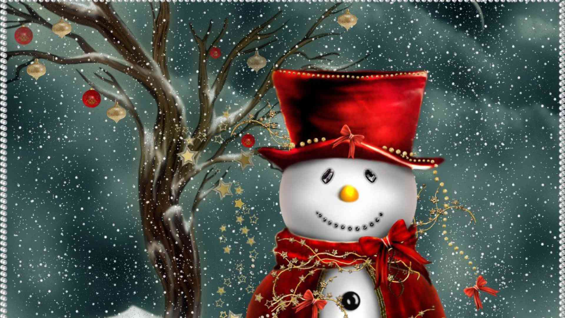A whimsical Christmas scene featuring a smiling snowman with a red top hat and cape, standing near a snow-covered tree decorated with ornaments, amidst a backdrop of falling snow
