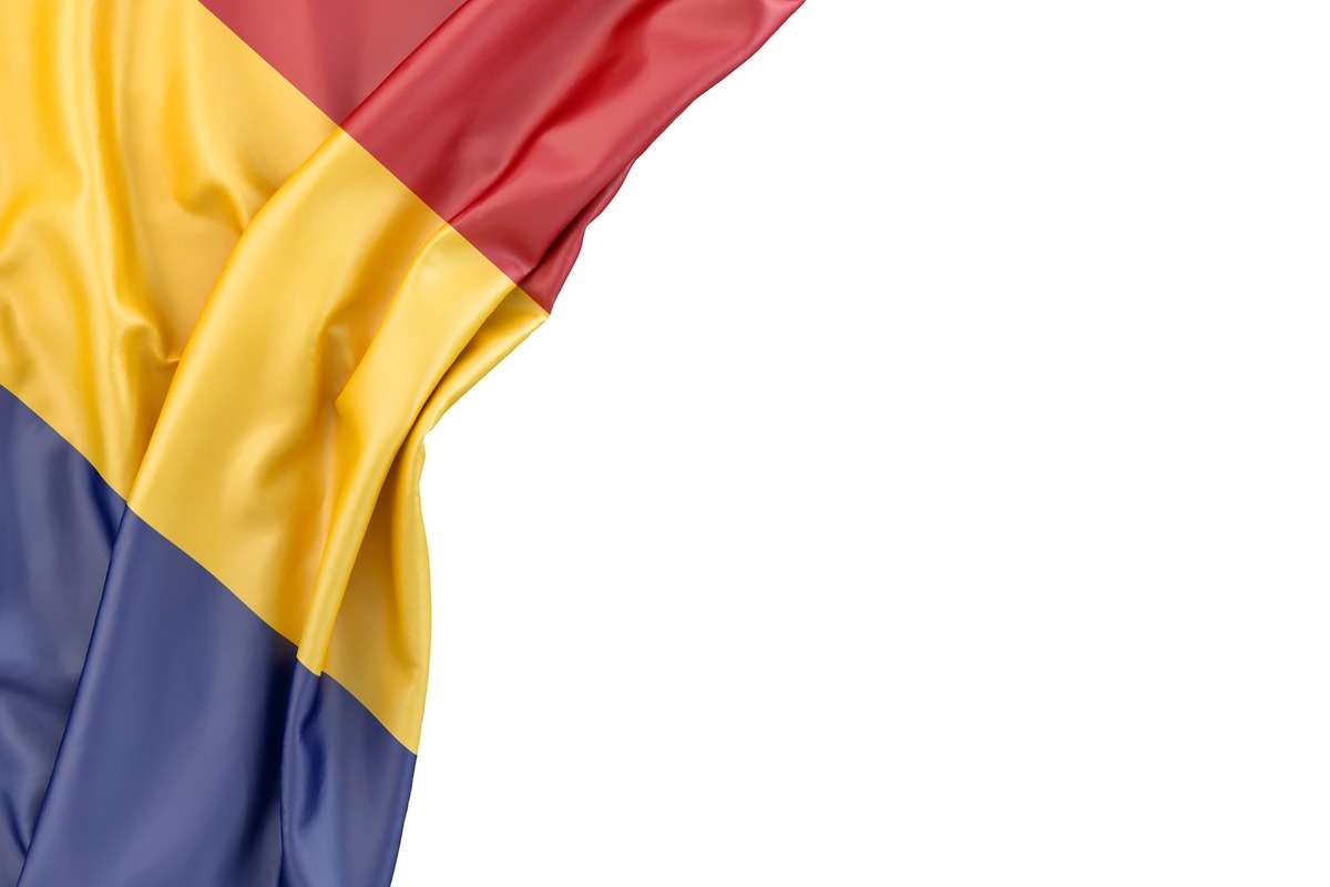 Stock Photo Flag Of Romania In The Corner On White