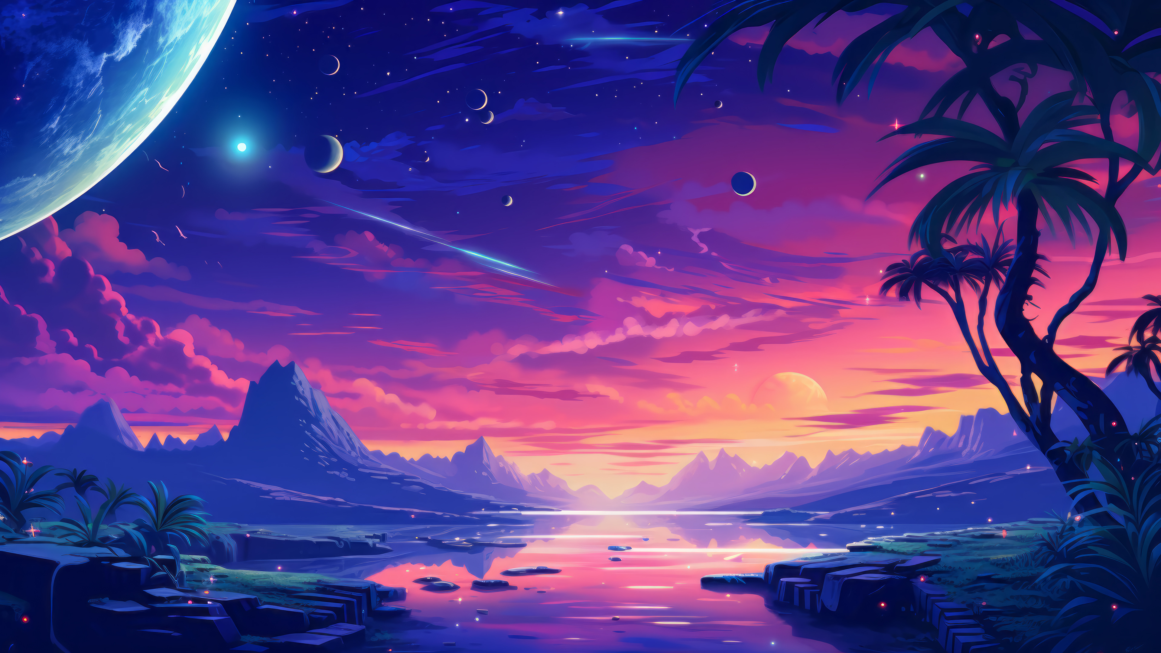 4K wallpaper of a vibrant fantasy landscape with palm trees, a tranquil lake, distant mountains, and a colorful, starry sky with multiple planets and shooting stars