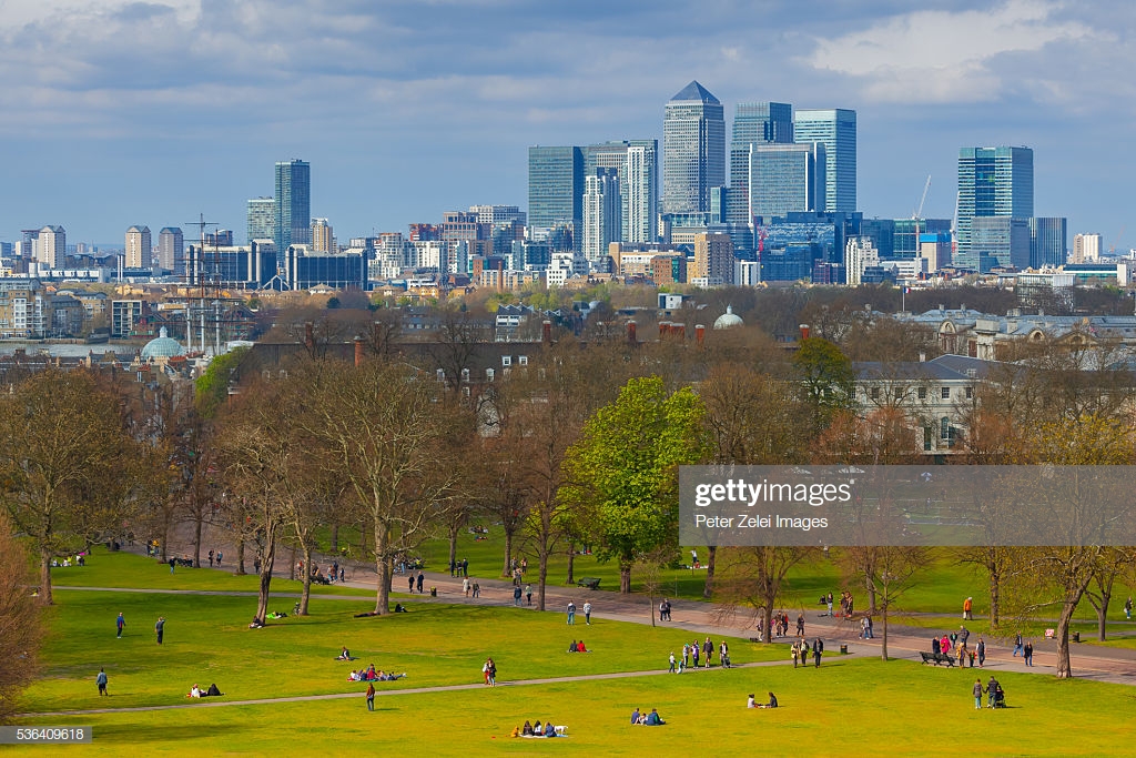 Greenwich Park In London With The Skyscrapers Of Canary Wharf