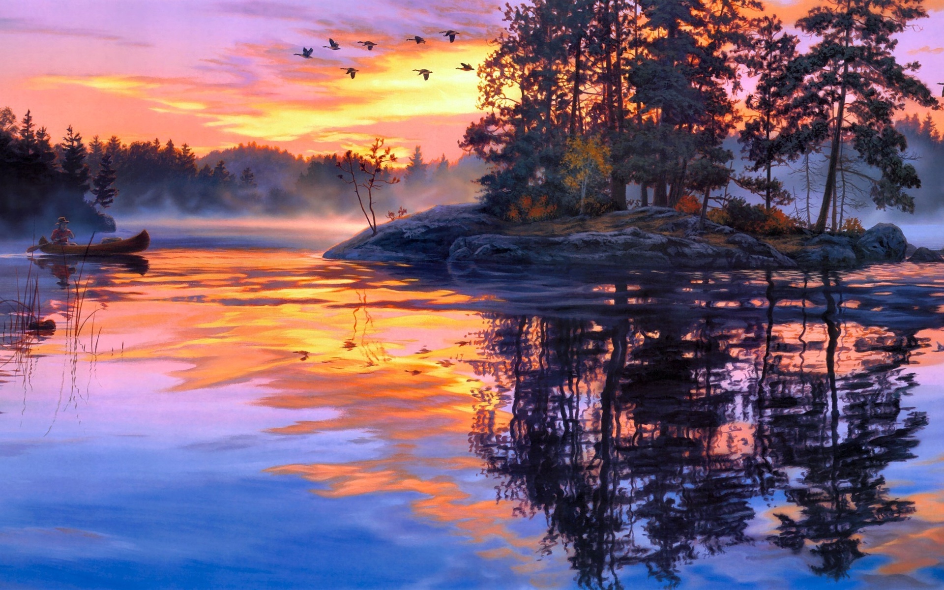 Darrell Bush Art Paintings Lakes Water Reflection Sky Clouds Sunset