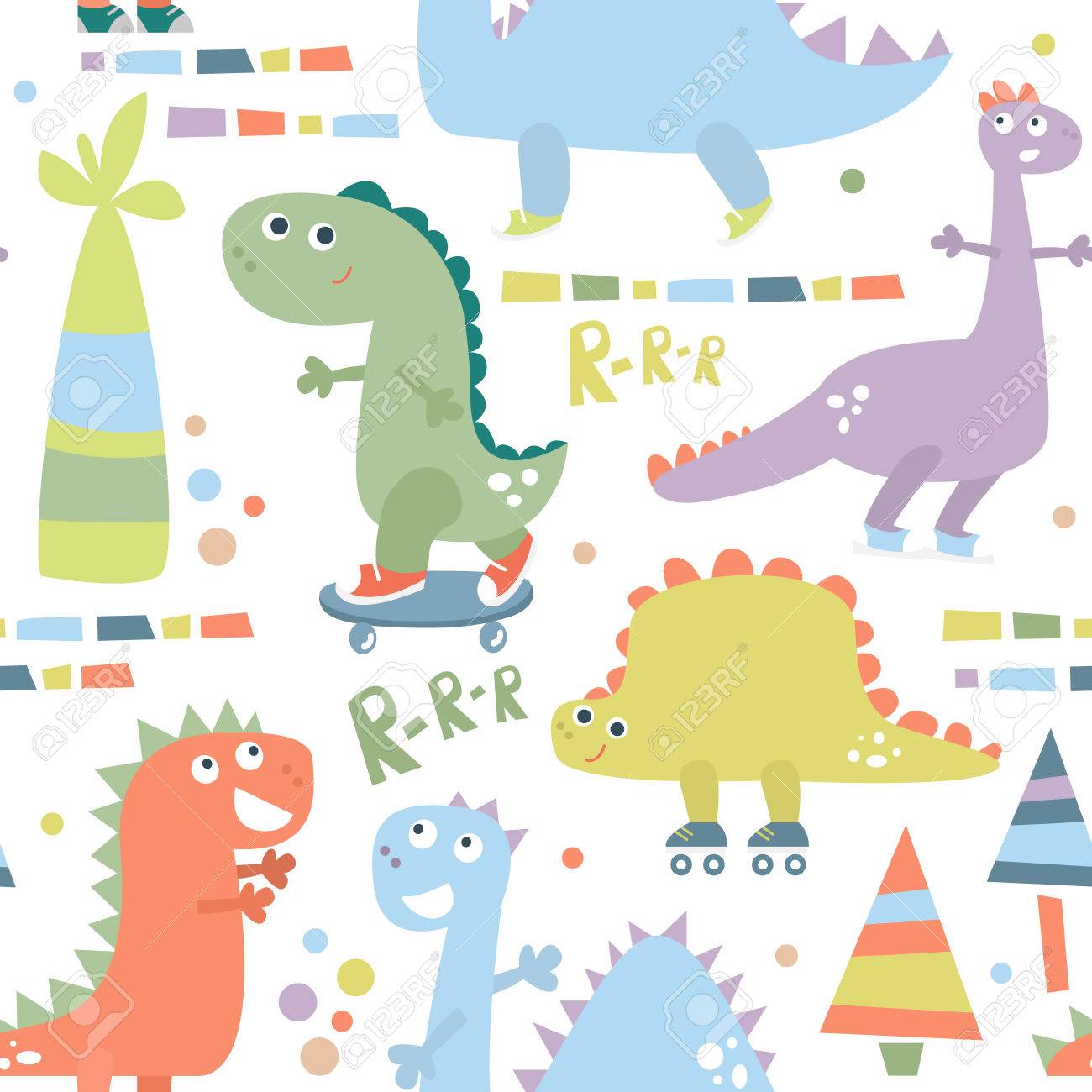 Seamless Pattern With Dinosaur Baby Background For Textile