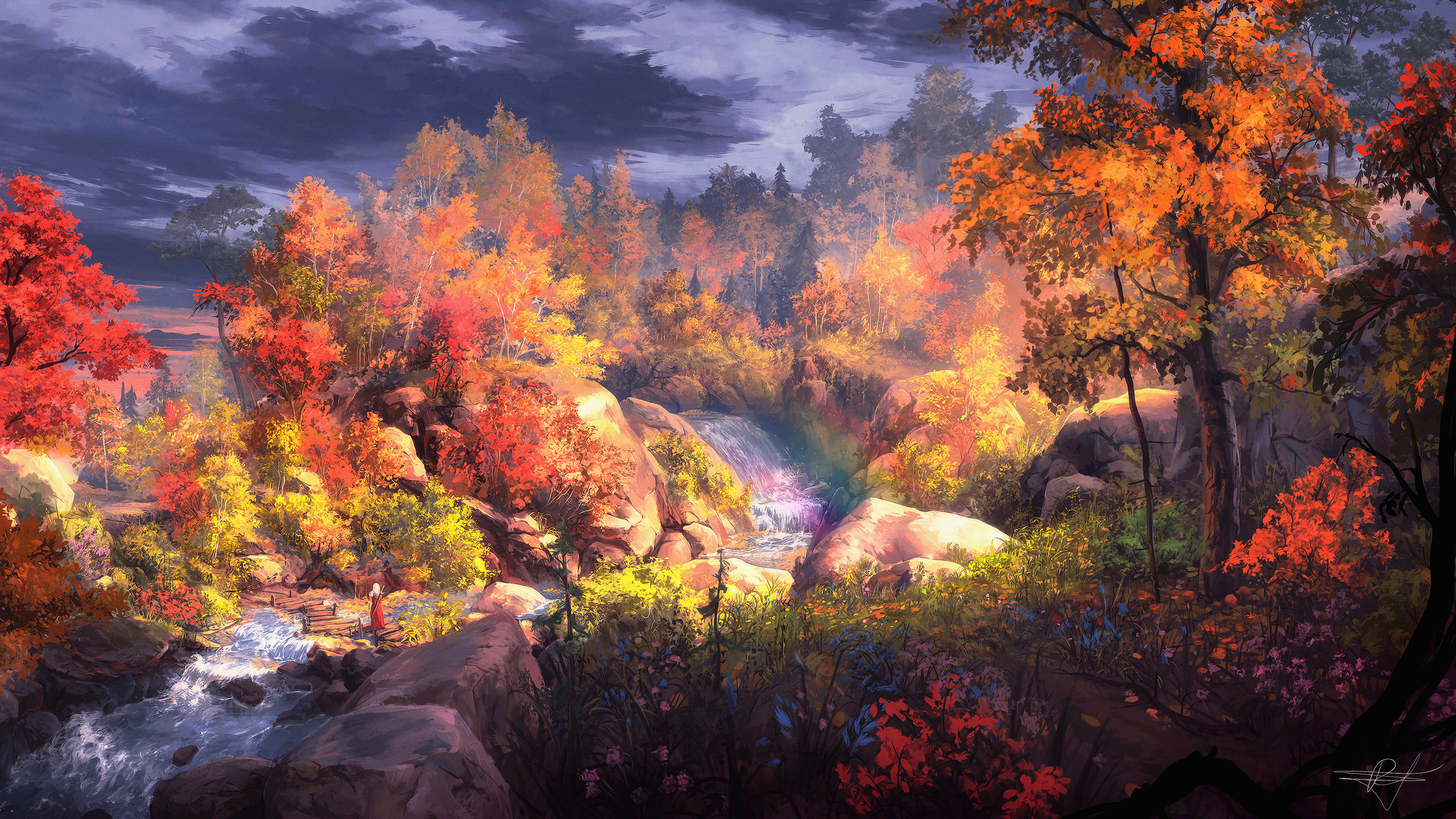 4K art wallpaper of a vibrant autumn forest scene with a waterfall and a person in red clothing crossing a wooden bridge
