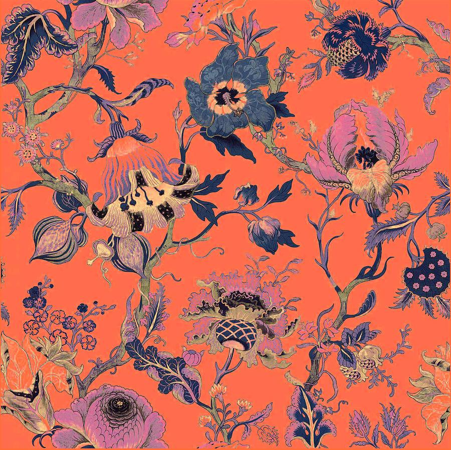 Orange Floral Wallpaper Salmon Tapestry Textile By Brittany