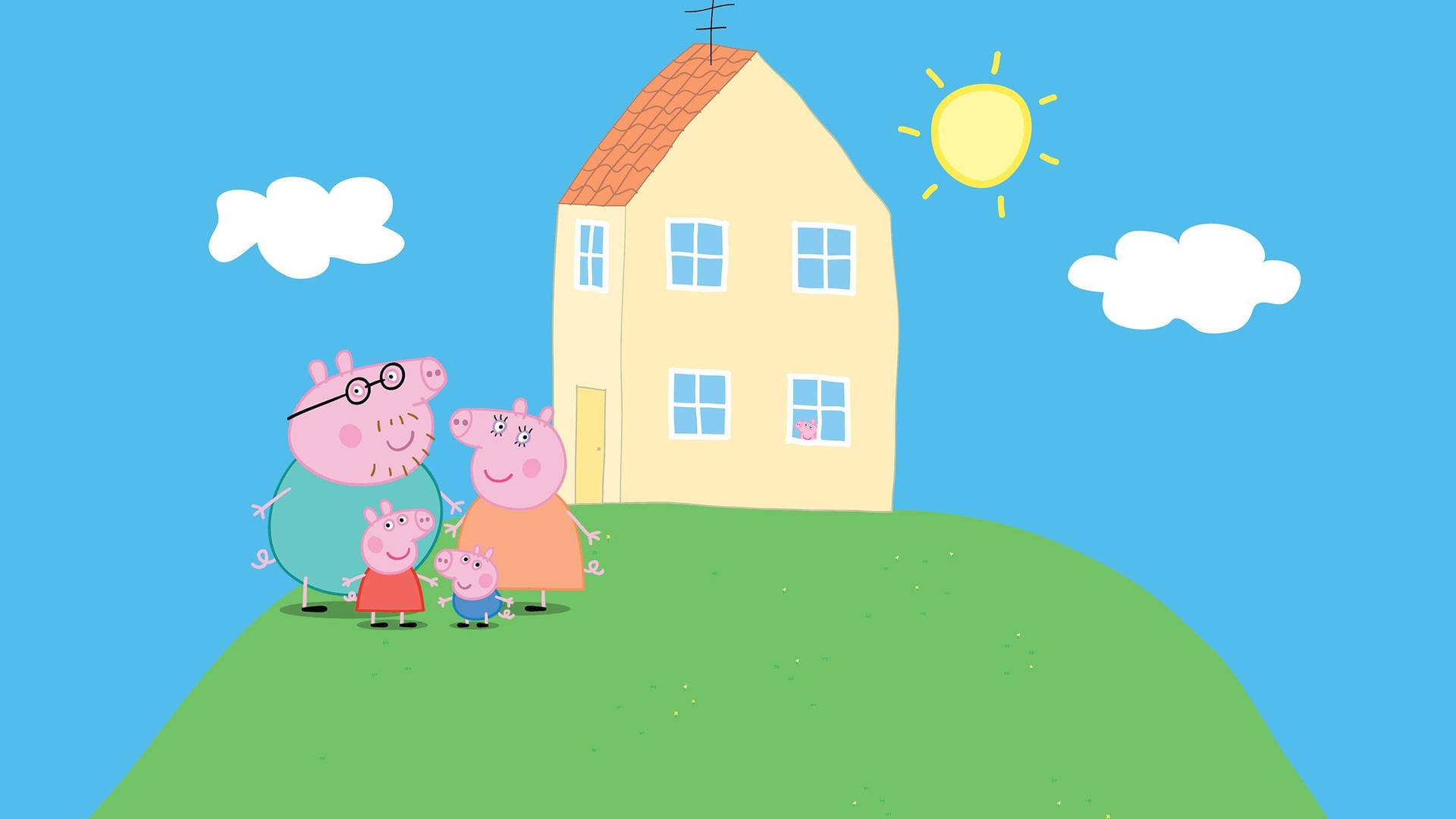 Peppa Pig family standing in front of their house on a sunny day