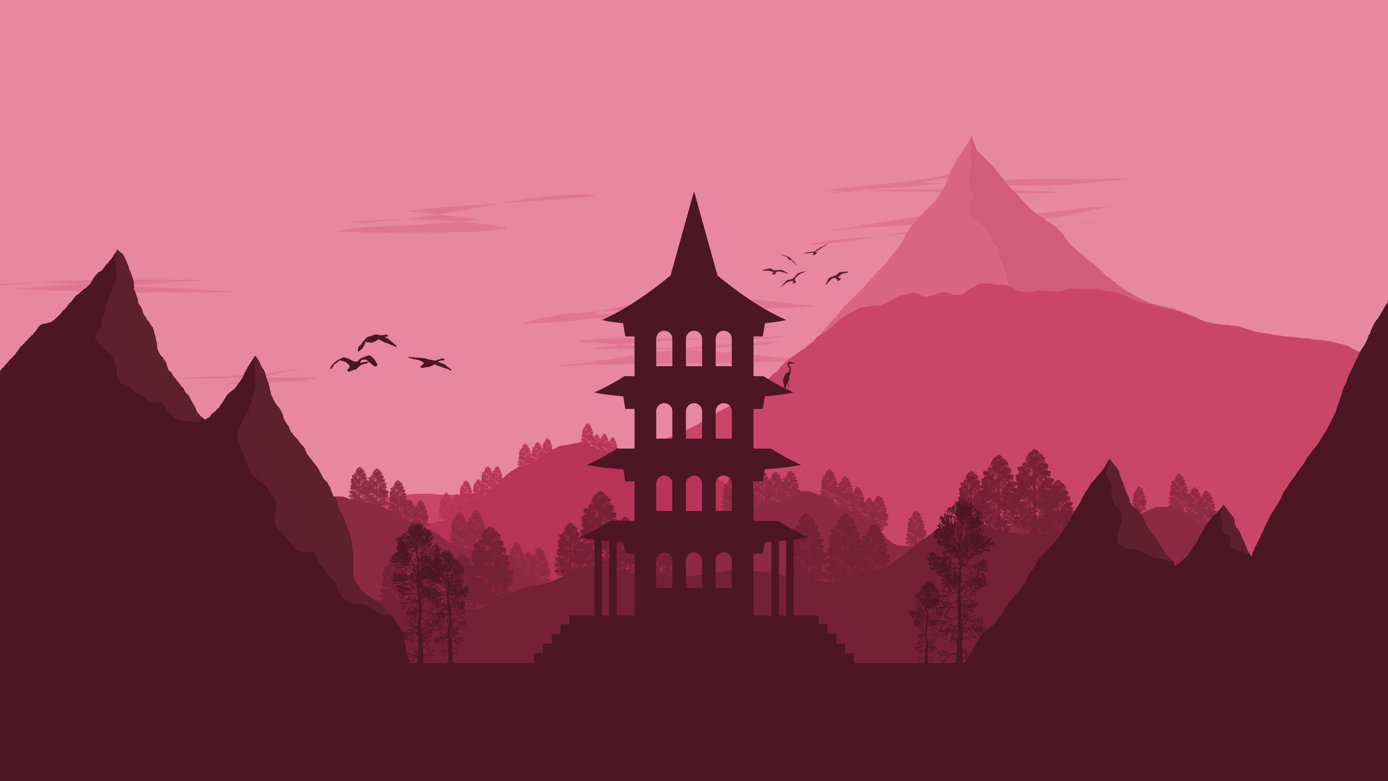 A serene 4k wallpaper showcasing a traditional Japanese pagoda against a backdrop of majestic mountains and a soft pink sky